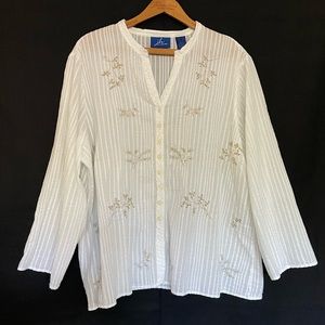 j.h. Collectibles XL Button Down Cardigan | White cotton w bronze embroidery